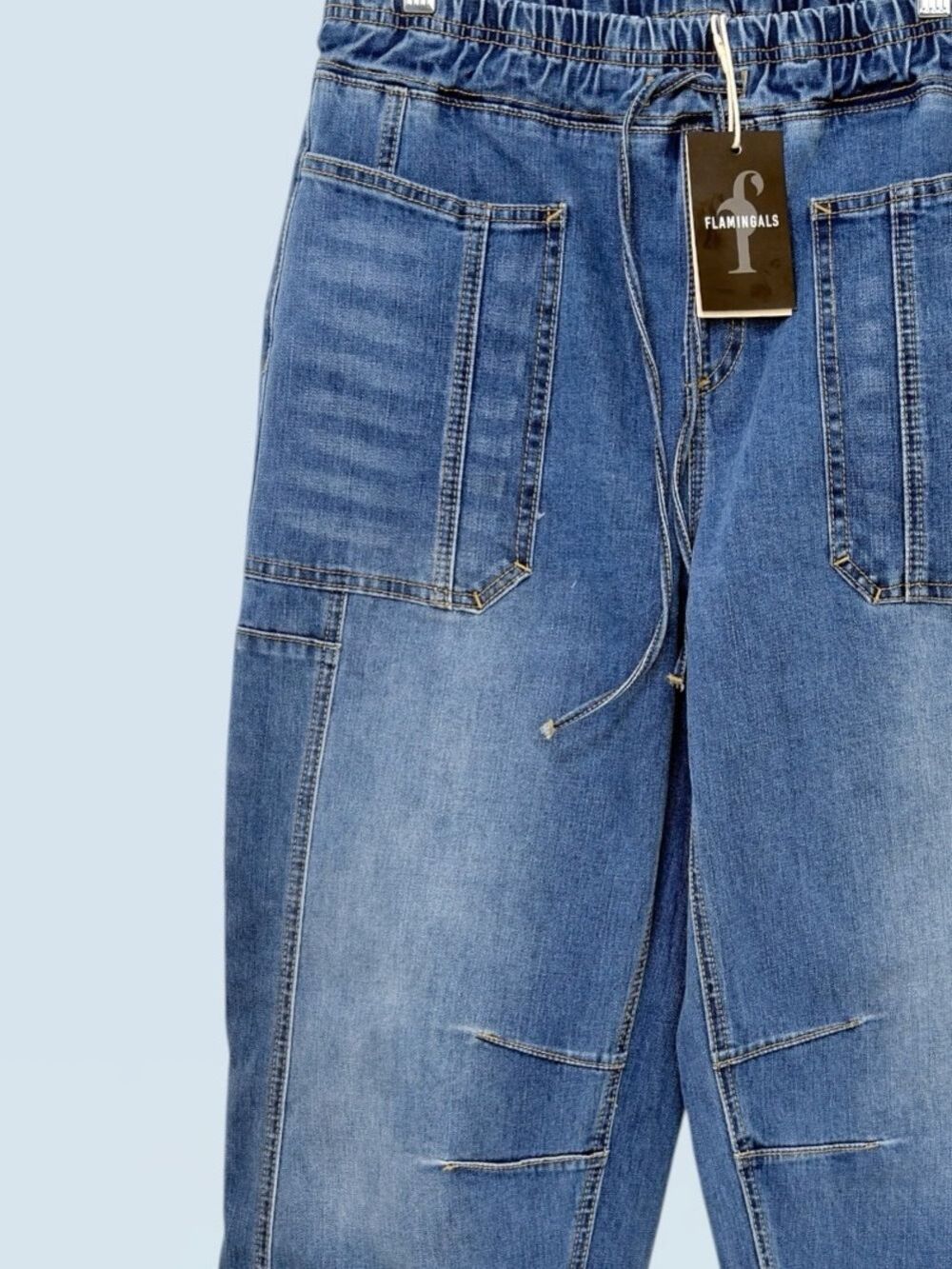 NWT Curved Barrel Leg Horseshoe Denim Cropped Drawstring Jeans M FLAMINGALS - Picture 6 of 12